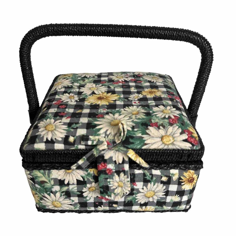 Sewing Box Basket Vintage Square Floral Design Padded w/ Handle